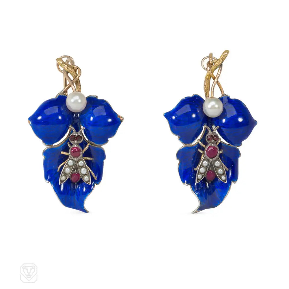 Unique design gold earrings for women-Antique blue enamel, gold, and silver leaf earrings