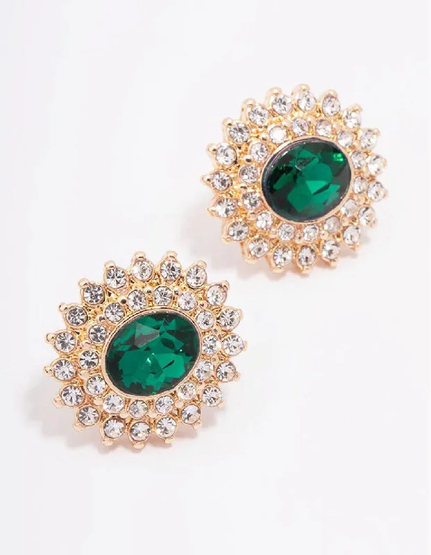 Fashionable ladies earrings with pearls-Gold Oval Emerald Circle Stud Earrings