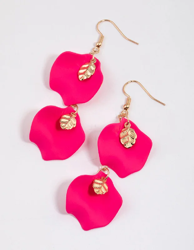 Sterling silver ladies earrings-Pink Double Petal Drop Earrings