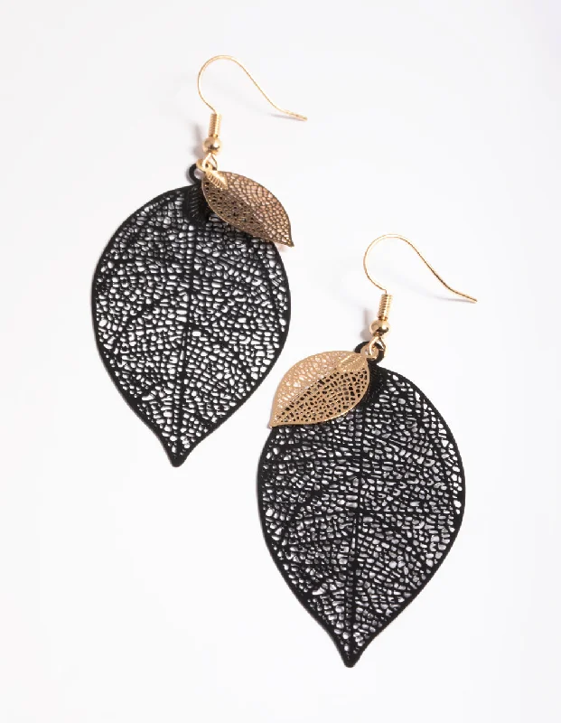 Large gemstone ladies earrings-Black Double Leaf Drop Earrings