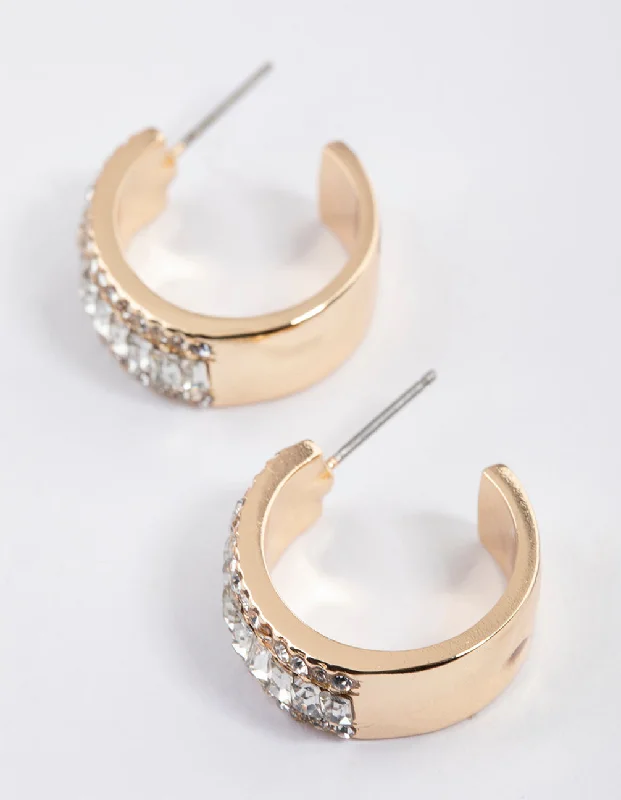 Trendy gold ladies earrings-Gold Baguette Diamante Small Hoop Earrings