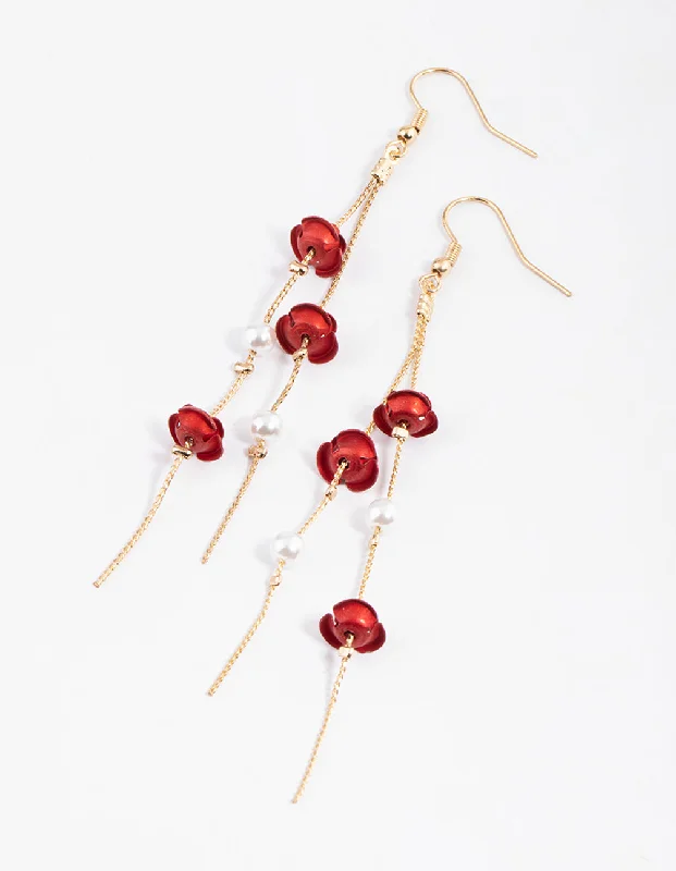 Simple stud ladies earrings-Red Rose & Pearl Chain Drop Earrings