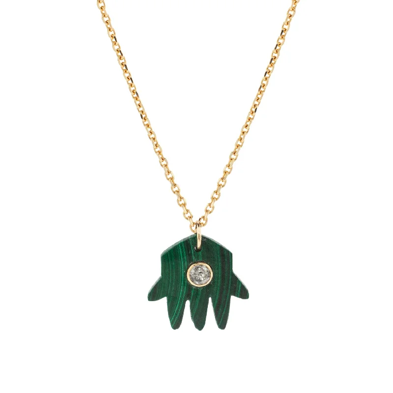 Boho chic ladies necklaces-Malachite Hand and White Diamond Pendant Necklace