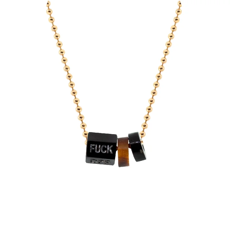 Simple ladies necklaces for everyday wear-Carved Onyx "FUCK" Gemstone On Gold Ball Chain Necklace