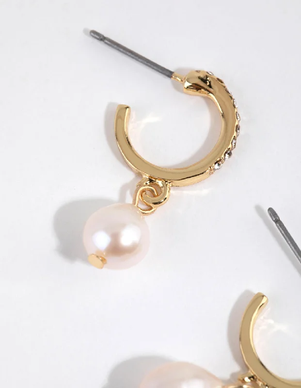 High-end ladies earrings with gemstones-Gold Plated Diamante & Freshwater Pearl Huggie Earrings