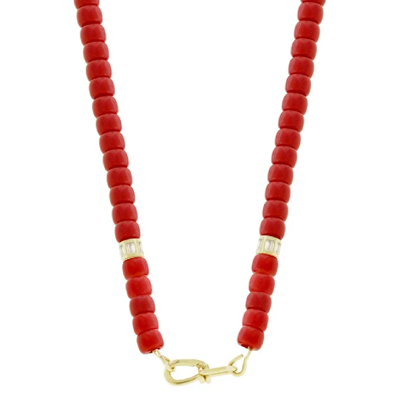 Ladies necklaces for evening gowns-Wire Clasp on Red Glass Bead Necklace with Diamond Barrels