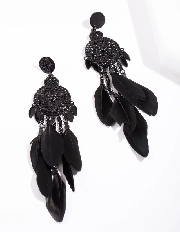 Dangle ladies earrings for parties-Black Filigree Cascading Feather Earrings