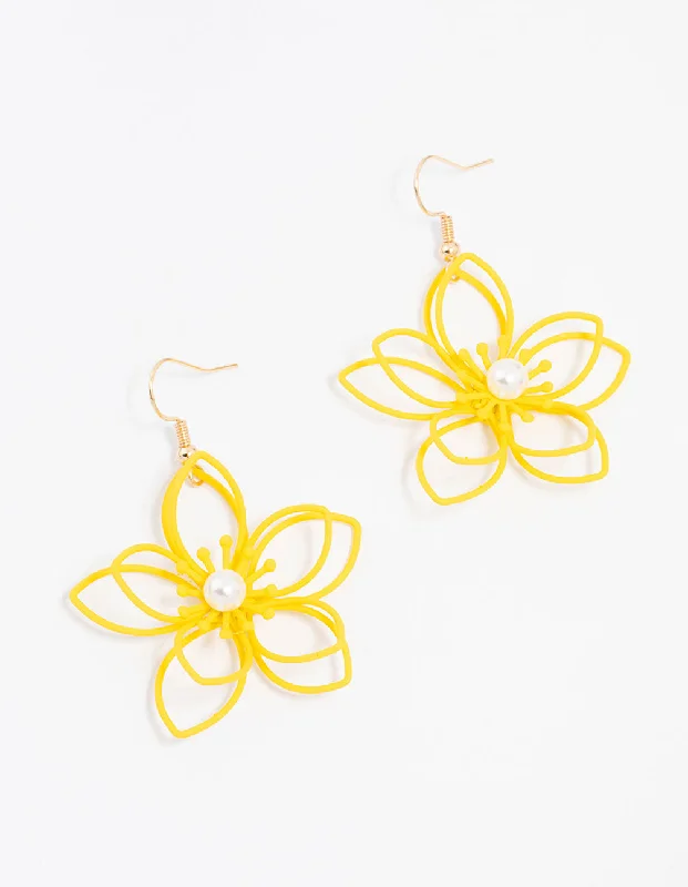 Modern crystal ladies earrings-Yellow Gold Wire Pearl Flower Drop Earrings