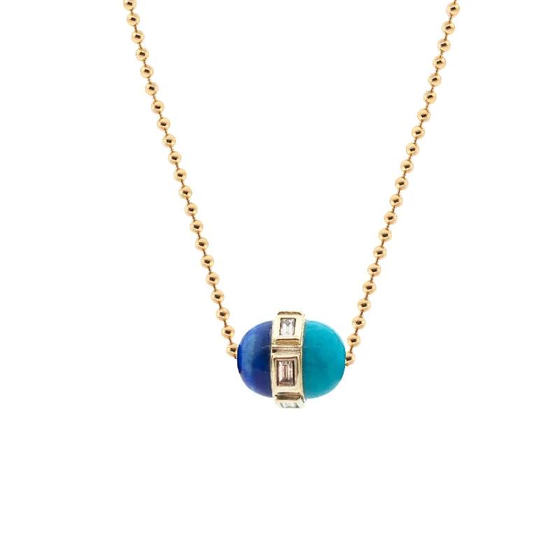 Affordable sterling silver ladies necklaces-Lapis/Turquoise Pendant With White Diamonds On A Gold Ball Chain Necklace