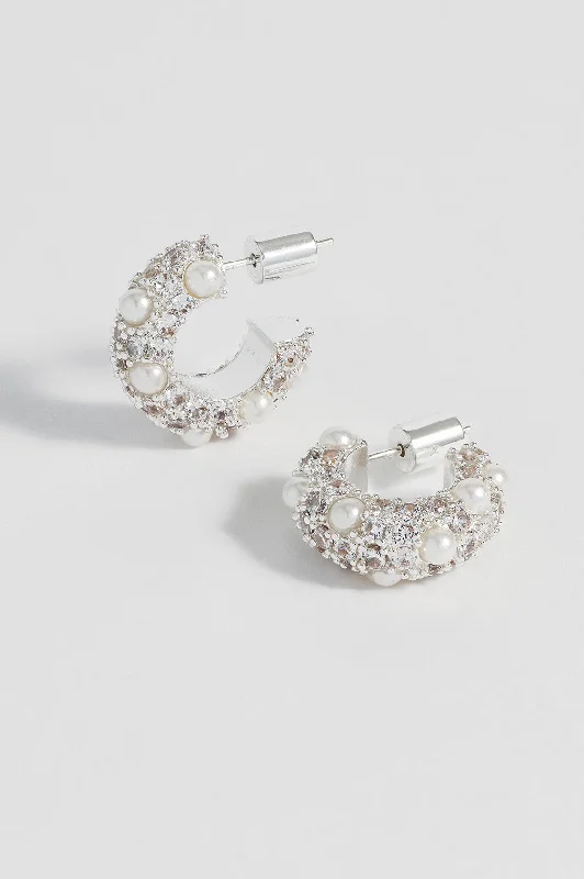 Classic diamond hoop ladies earrings-Embellished Pearl and CZ Hoops