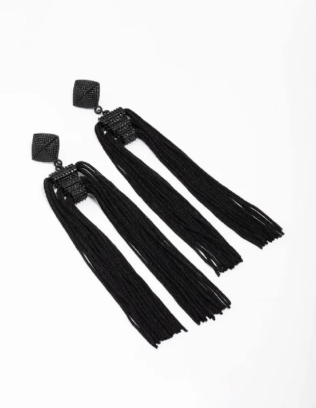 Large diamond ladies earrings-Black Fabric Rope Tassel Drop Earrings