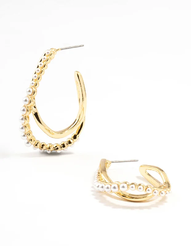 Simple stud ladies earrings-Gold Plated Pearl Weave Hoop Earrings