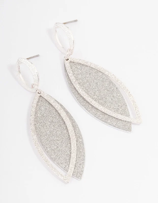 Small ladies earrings for casual wear-Silver Glitter Double Petal Drop Earrings