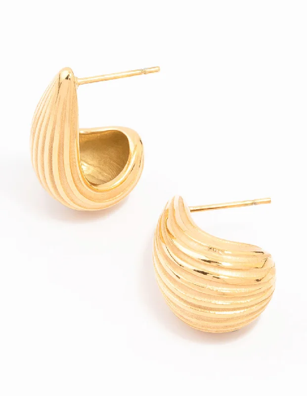 Custom ladies earrings with precious stones-Waterproof Gold Plated Stainless Steel Small Ribbed Bubble Drop Earrings