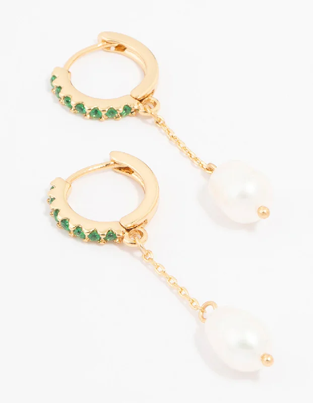 Minimalistic hoop ladies earrings-Gold Plated Cubic Zirconia Emerald & Freshwater Pearl Huggie Chain Drop Earrings