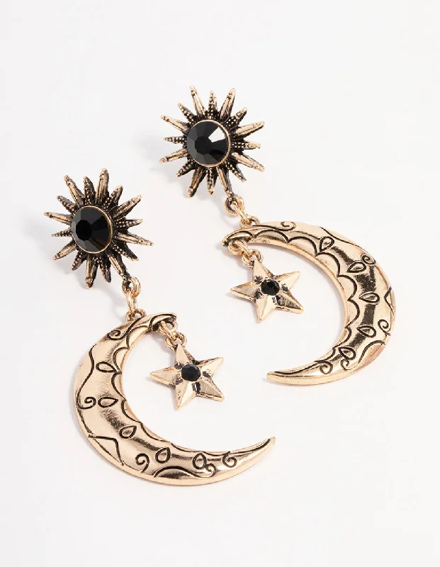 Small hoop earrings for ladies-Antique Gold Stone Celestial Drop Earrings