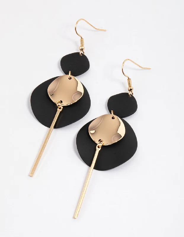 Opal gemstone ladies earrings-Black Coated Disc Stick Drop Earrings