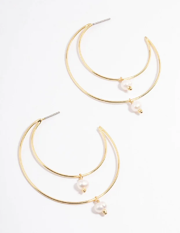 Silver hoop ladies earrings-Gold Plated Double Layer Freshwater Pearl Drop Hoop Earrings