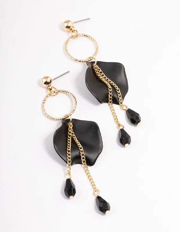 Elegant diamond drop earrings-Black Circle Petal Facet Drop Earrings