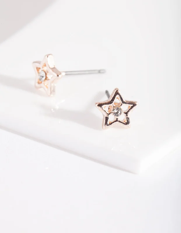 Bridal ladies earrings with diamonds-Rose Gold Diamante Star Stud Earrings