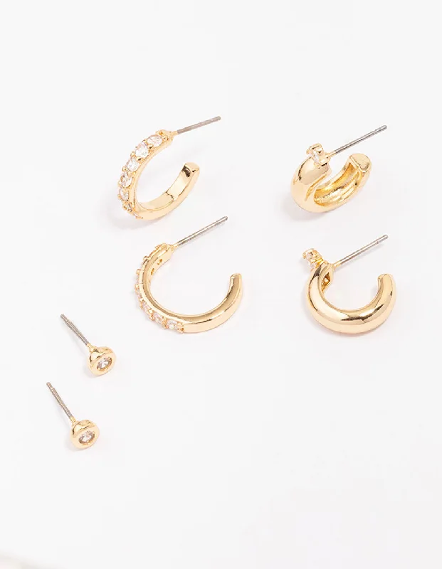 Beautiful vintage ladies earrings-Gold Plated Cubic Zirconia Chunky Hoop Earring 3-Pack