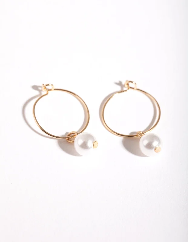 Birthstone stud ladies earrings-Gold 3mm Pearl Hoop Earrings