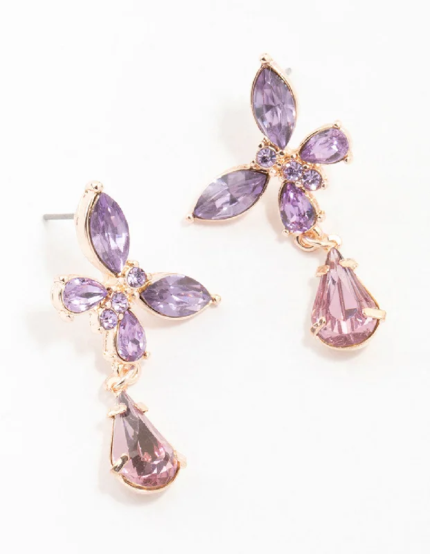 Stylish hoop earrings for women-Rose Gold Diamante Purple Butterfly Pear Drop Earrings