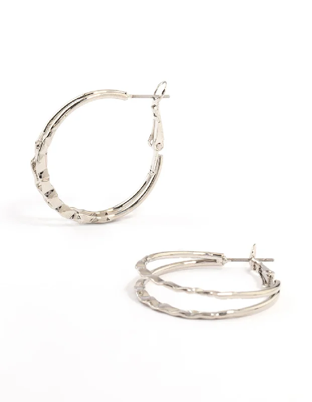 Simple stud ladies earrings-Hammered Silver Double Hoop Earrings