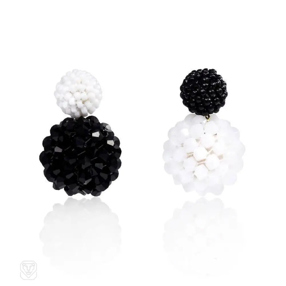 Stud ladies earrings with diamonds-Mismatched Black and White Double Bead Earrings