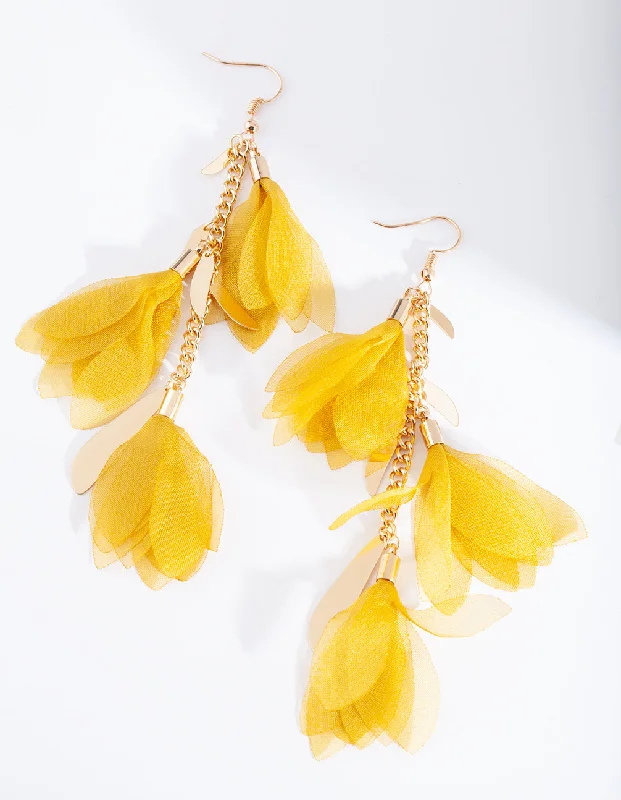 Statement earrings for women-Yellow Fabric Flowers Gold Earrings