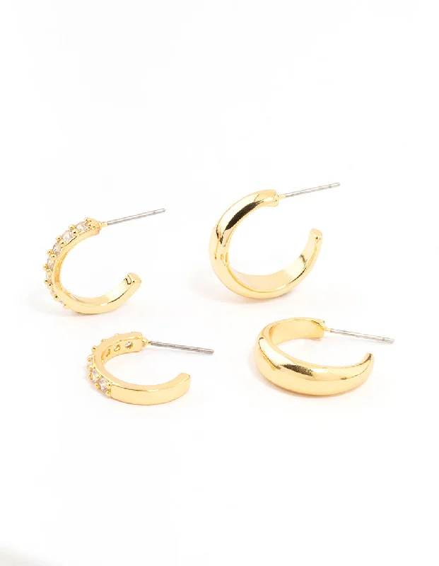 Chic and trendy ladies earrings-Gold Plated Cubic Zirconia Hoop Earrings 2-Pack