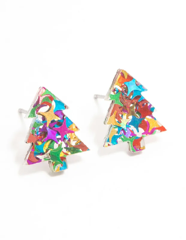 Modern crystal ladies earrings-Glittery Acrylic Tree Stud Earrings