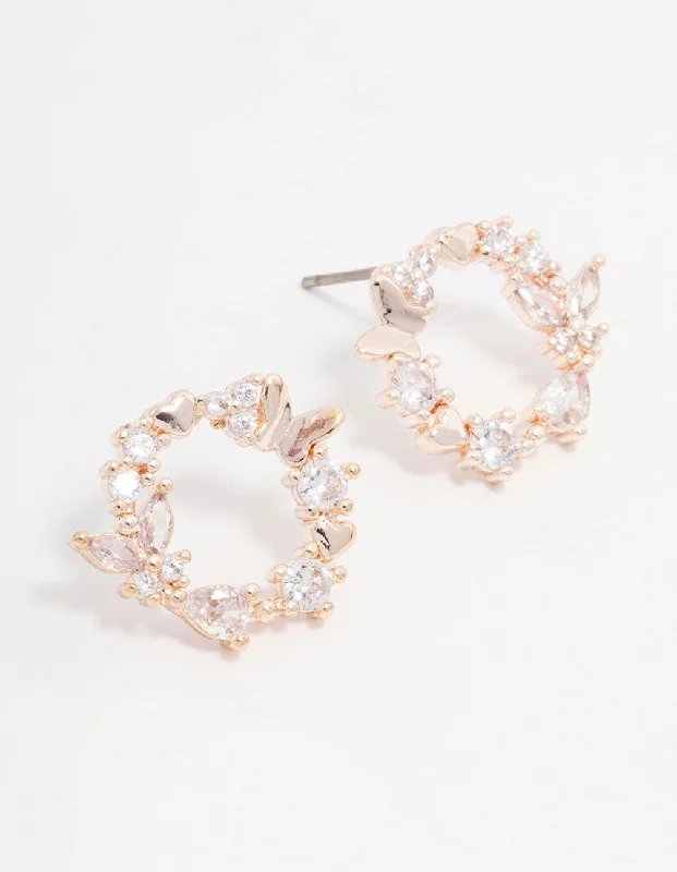 Hoop ladies earrings for women-Rose Gold Plated Cubic Zirconia Butterfly Wreath Earrings