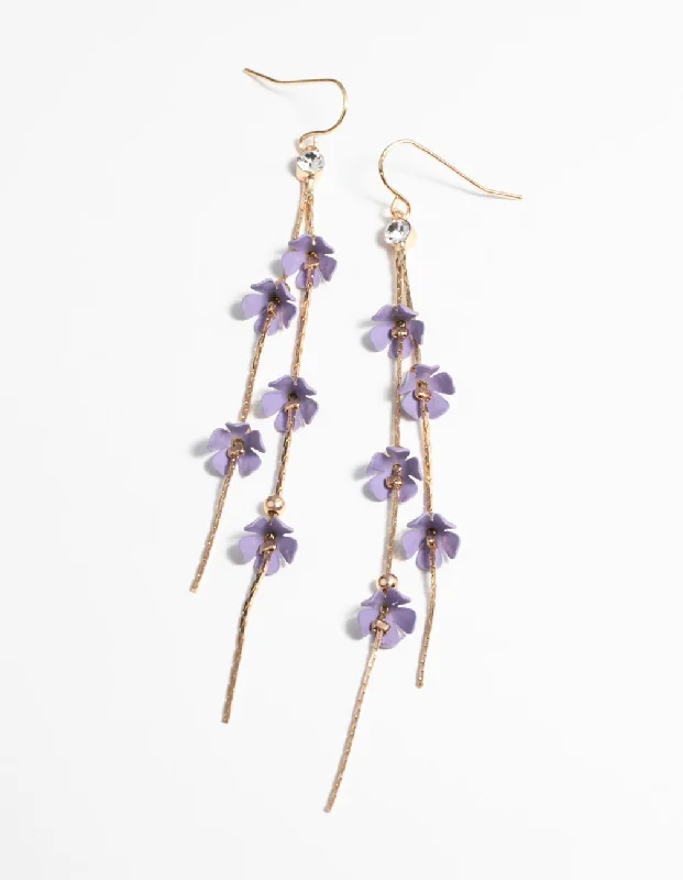 Trendy ladies earrings with gemstones-Gold & Lilac Flower Earrings