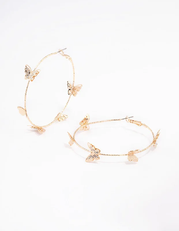 Fashionable ladies earrings with pearls-Gold Butterfly Hoop Earrings