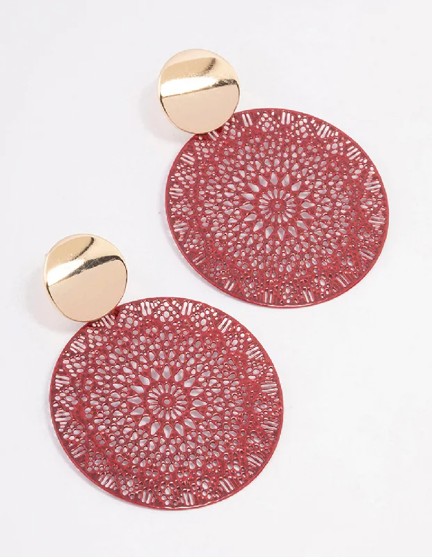 Silver hoop ladies earrings-Red Mixed Disc Filigree Drop Earrings