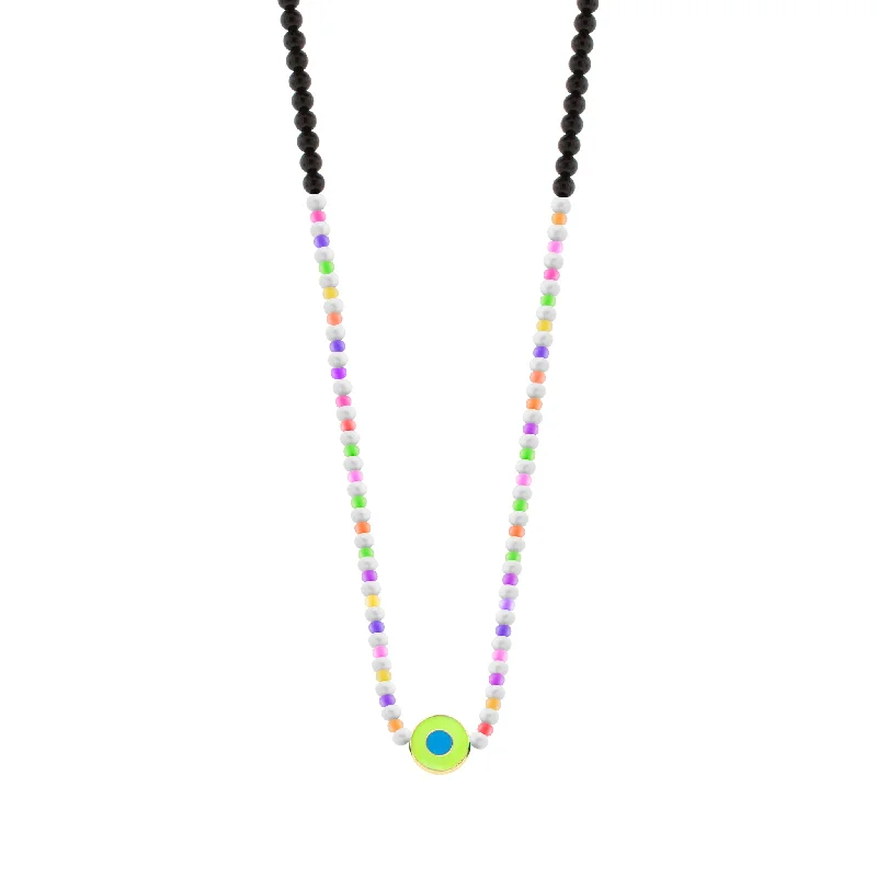 Sparkling ladies necklaces with diamonds-Enameled Neon Yellow Evil Eye Disk on Beaded Necklace