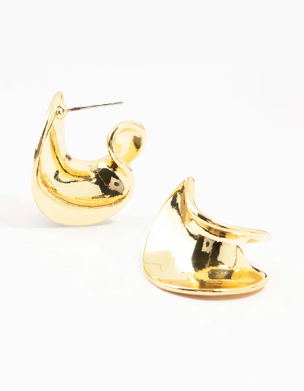 Classic round ladies earrings-Gold Plated Wave Stud Earrings