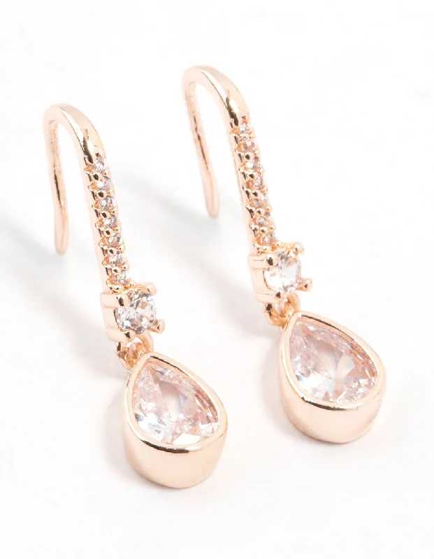 Personalized ladies earrings with initials-Rose Gold Plated Pave Hook Pear Drop Earrings