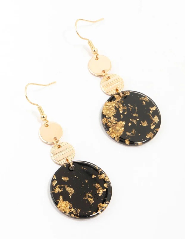 Vintage pearl earrings for ladies-Gold & Black Textured Printed Disc Drop Earrings