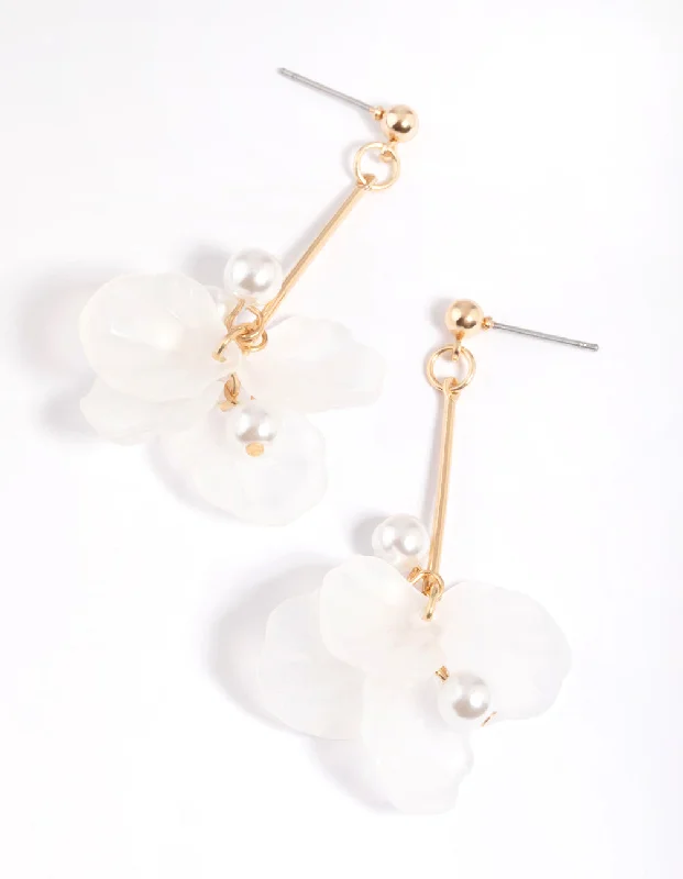 Drop ladies earrings with pearls-White Frosted Flower Stick Drop Earrings