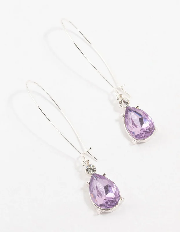 Chic and trendy ladies earrings-Silver Long Hawker Purple Pear Diamante Drop Earrings