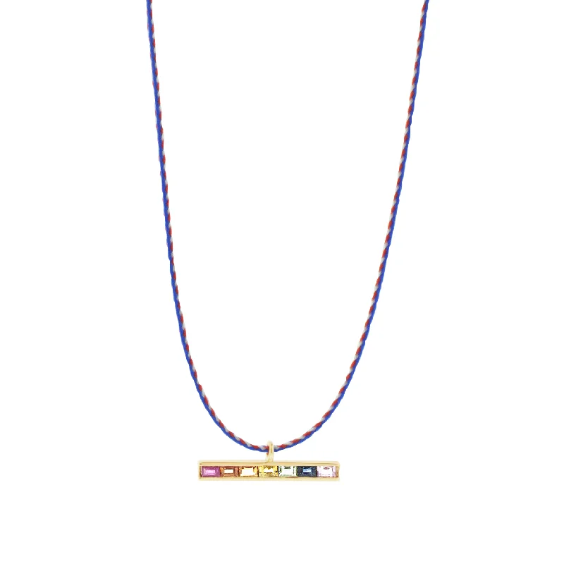 Diamond encrusted ladies necklaces-Rainbow Sapphire Baguette ID Bar on Cord Necklace