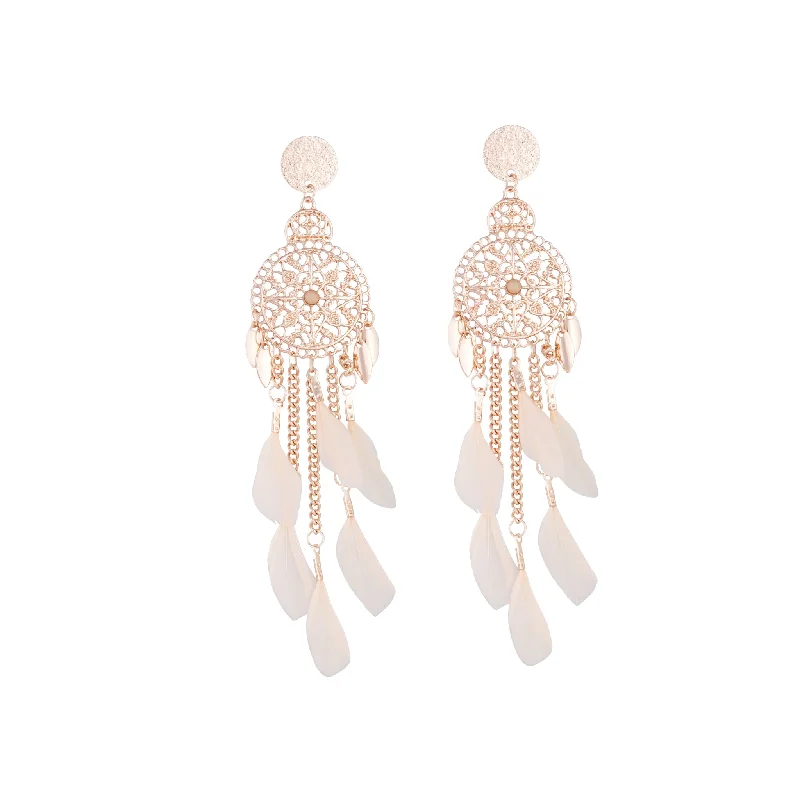 Fashionable dangle earrings-Rose Gold Pink Filigree Cascade Feather Earrings