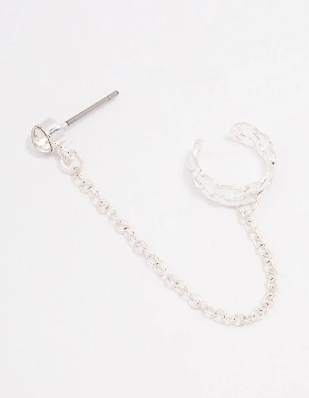 Geometric design ladies earrings-Silver Chain Link Cuff & Diamante Chain Drop Earrings