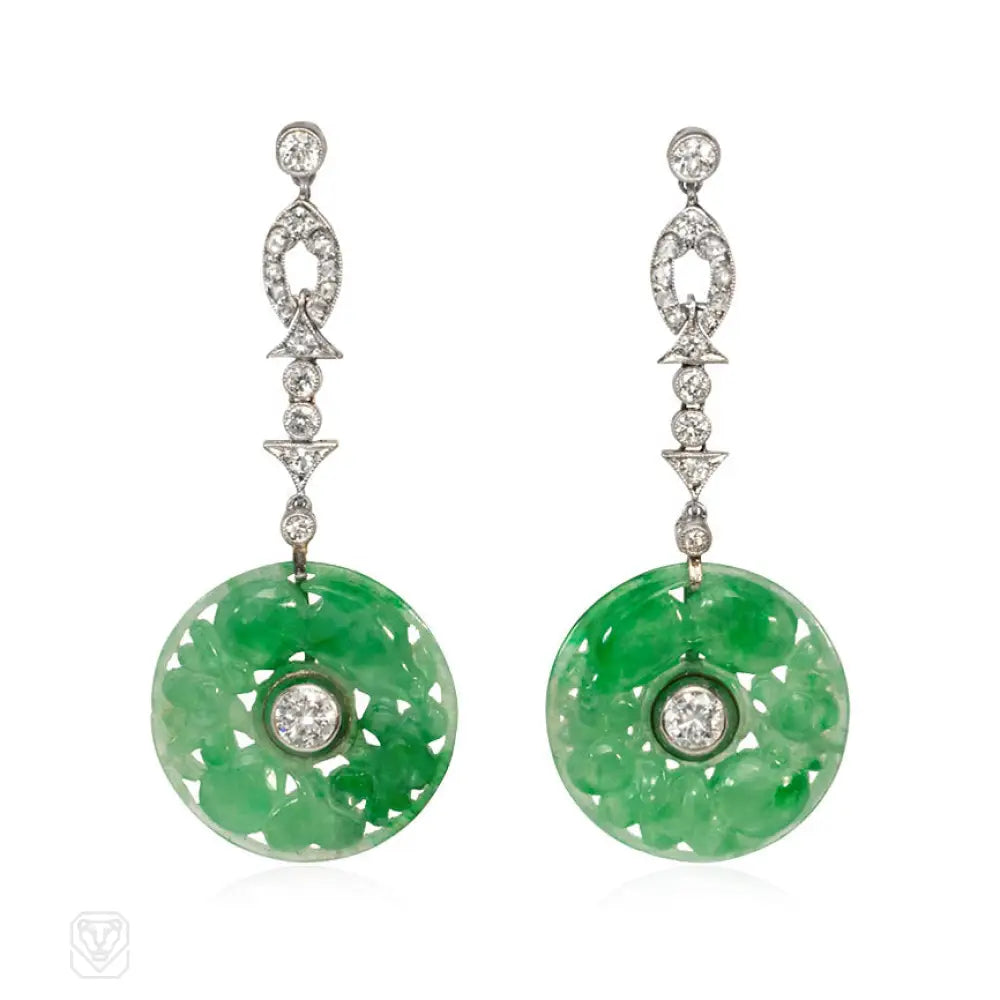 Affordable ladies earrings with diamonds-Art Deco jade and diamond earrings