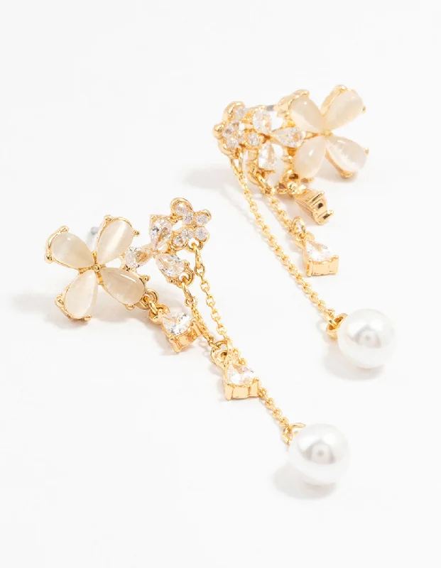 Sparkling diamond ladies earrings-Gold Plated Flowers, Pearls & Pear Cubic Zirconia Drop Earrings