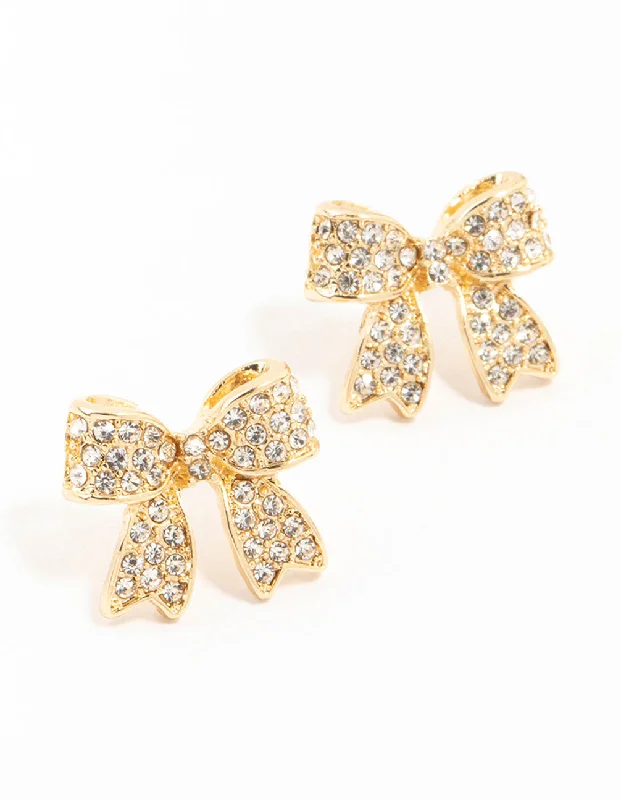 Sparkling diamond ladies earrings-Gold Pave Diamante Bow Stud Earrings