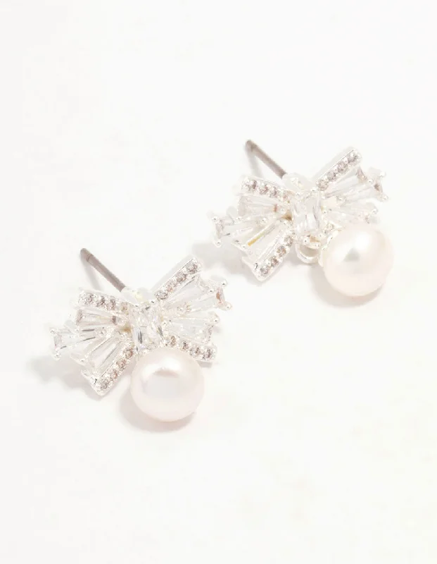 Personalized ladies earrings for gifts-Silver Plated Baguette Cut Cubic Zirconia Bow & Freshwater Pearl Drop Earrings