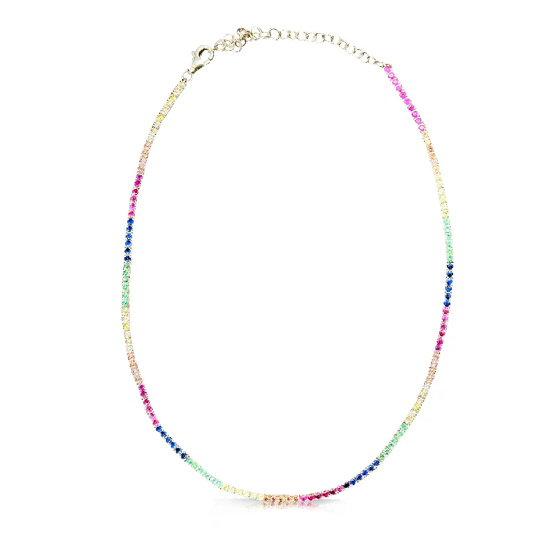 Classic diamond ladies necklaces-Rainbow Sapphire and 14k Tennis Necklace